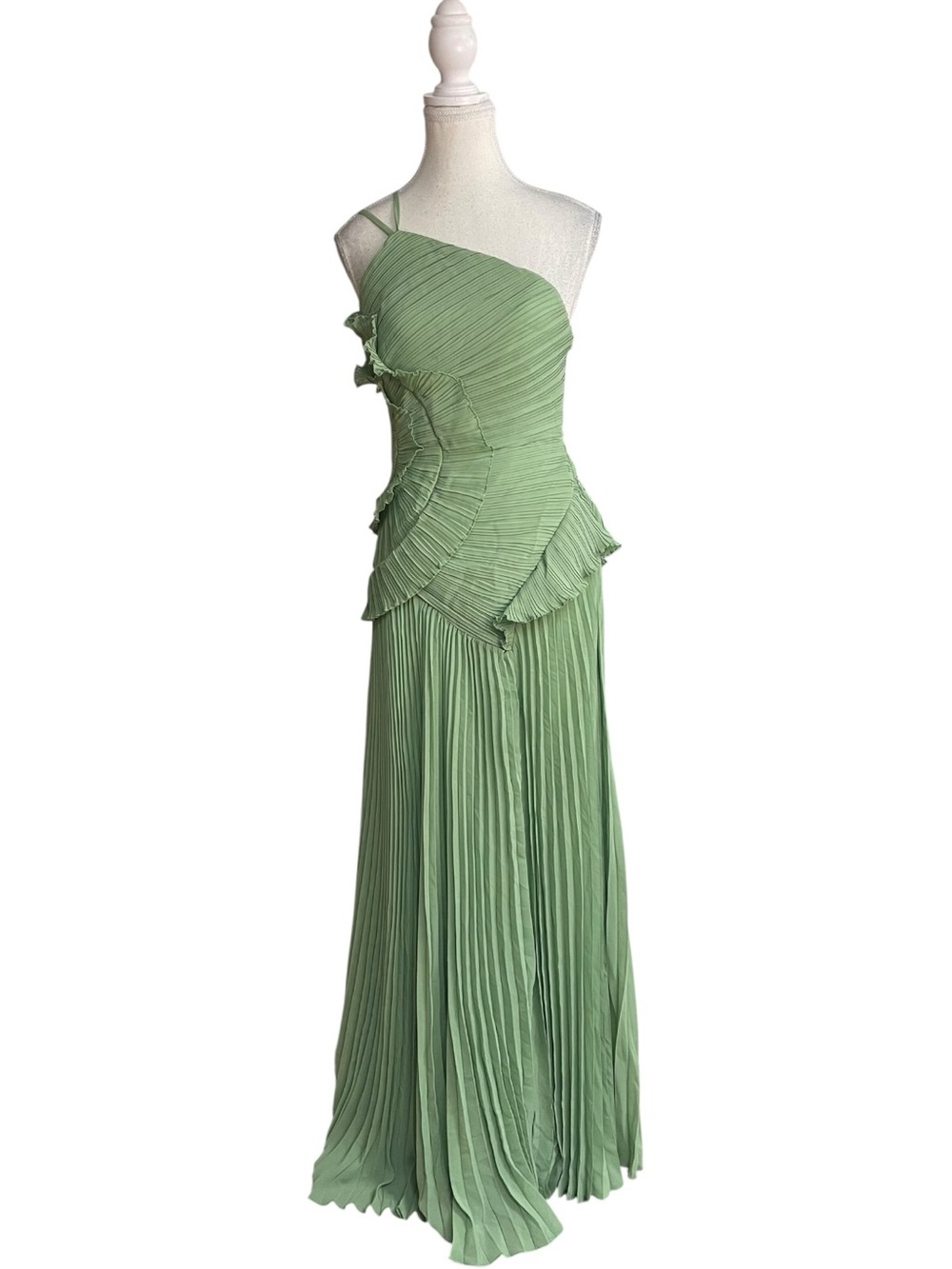 Lulus Magdalene Asymmetrical One-Shoulder Pleated Maxi Dress Light Green